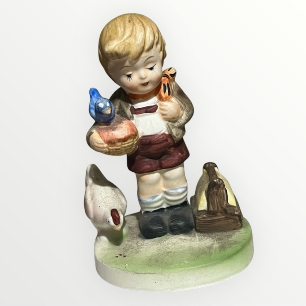 Hummels Inspired Boy With Blue Bird Chicken Figurine Collectible